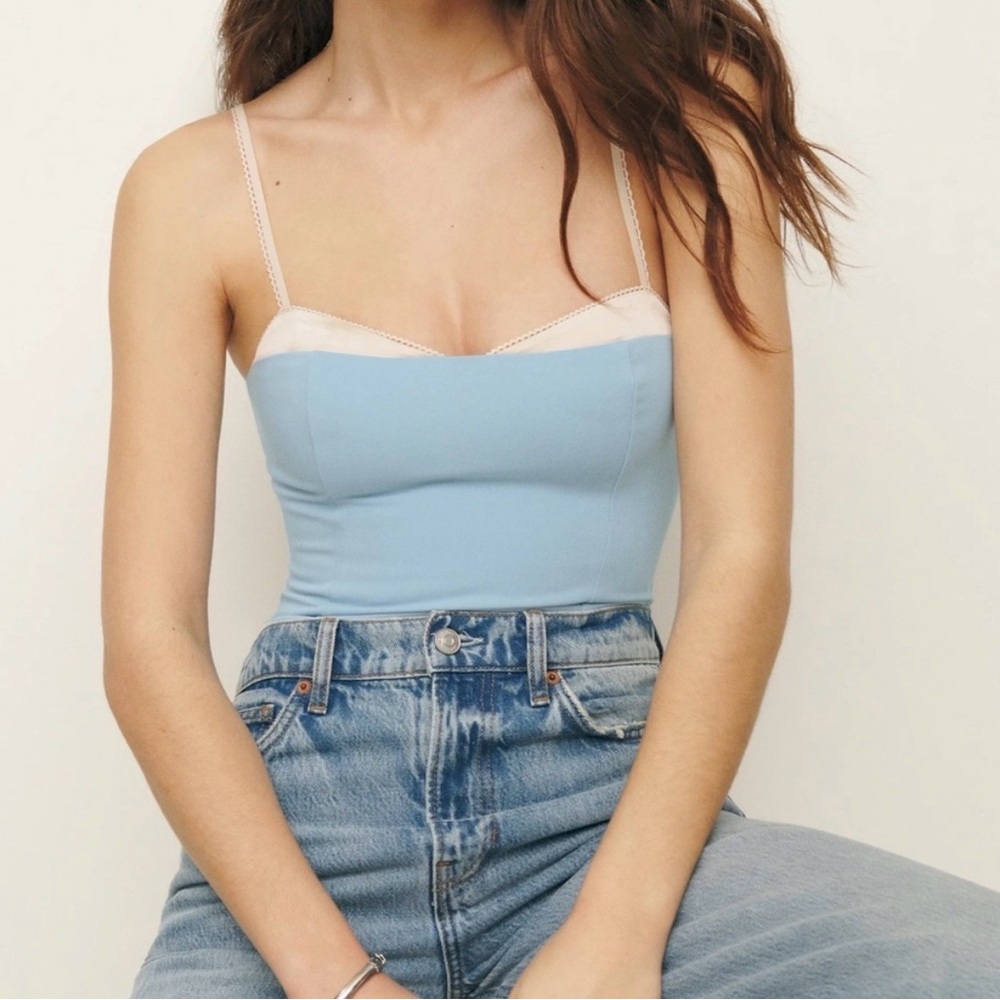 Reformation Blue and Cream Satin-Trim Camisole